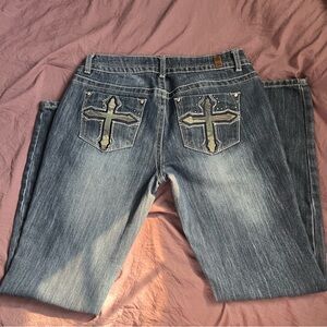 Almost Famous Blue Denim Jeans with Camo Cross Embroidery